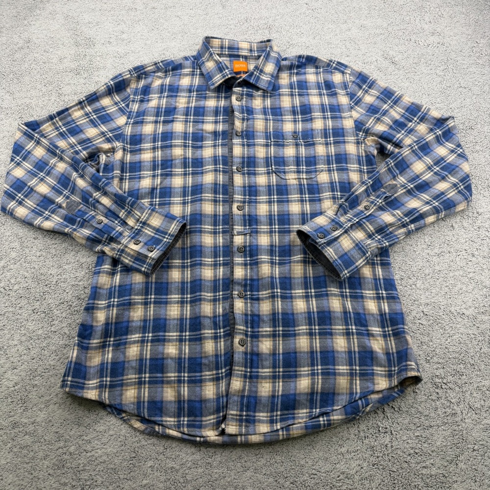 HUGO BOSS Orange Flannel Shirt Mens XL Slim Fit Blue White Tartan Plaid Pocket
